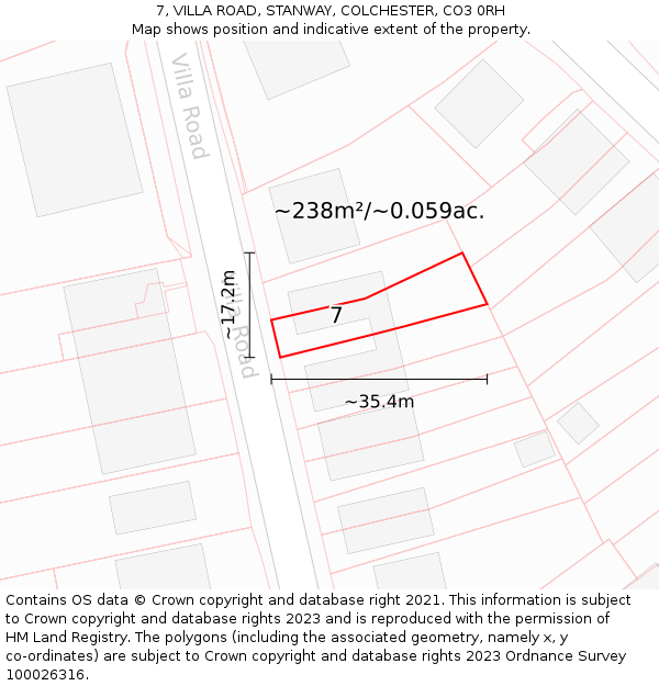 7, VILLA ROAD, STANWAY, COLCHESTER, CO3 0RH: Plot and title map