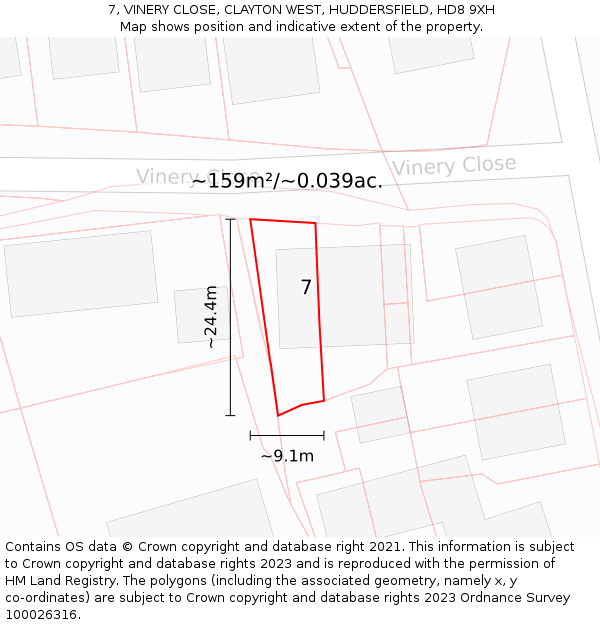 7, VINERY CLOSE, CLAYTON WEST, HUDDERSFIELD, HD8 9XH: Plot and title map