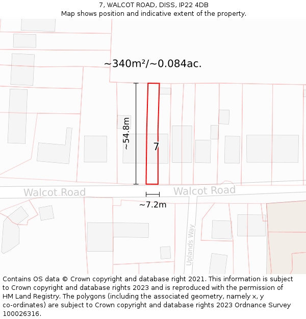 7, WALCOT ROAD, DISS, IP22 4DB: Plot and title map