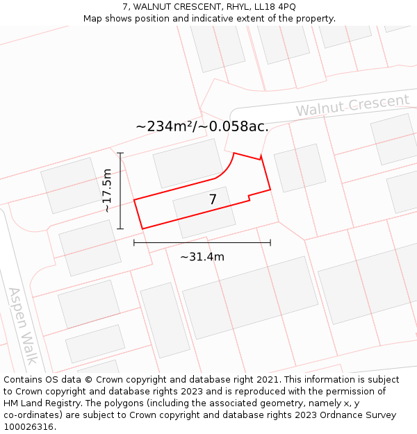 7, WALNUT CRESCENT, RHYL, LL18 4PQ: Plot and title map