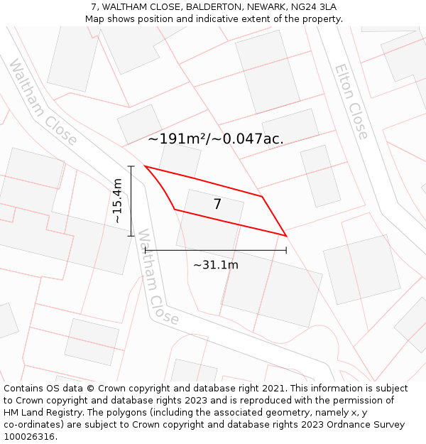 7, WALTHAM CLOSE, BALDERTON, NEWARK, NG24 3LA: Plot and title map