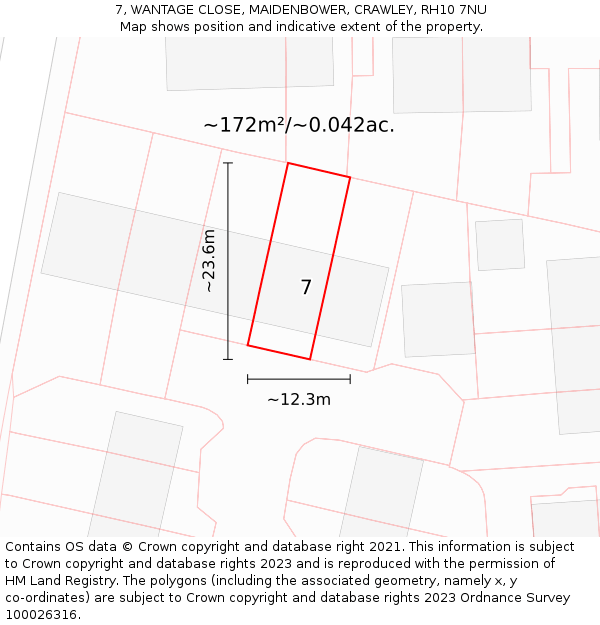 7, WANTAGE CLOSE, MAIDENBOWER, CRAWLEY, RH10 7NU: Plot and title map