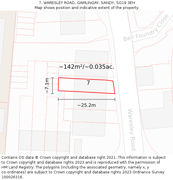 7, WARESLEY ROAD, GAMLINGAY, SANDY, SG19 3EH: Plot and title map