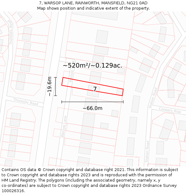 7, WARSOP LANE, RAINWORTH, MANSFIELD, NG21 0AD: Plot and title map