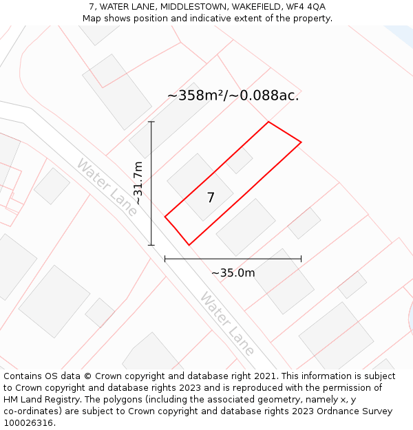 7, WATER LANE, MIDDLESTOWN, WAKEFIELD, WF4 4QA: Plot and title map