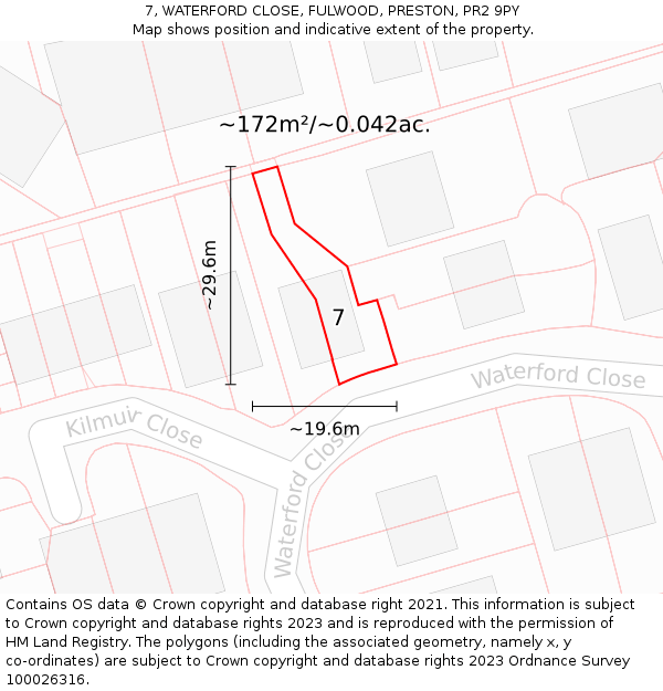 7, WATERFORD CLOSE, FULWOOD, PRESTON, PR2 9PY: Plot and title map