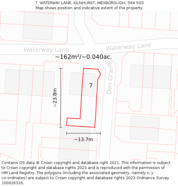 7, WATERWAY LANE, KILNHURST, MEXBOROUGH, S64 5SS: Plot and title map