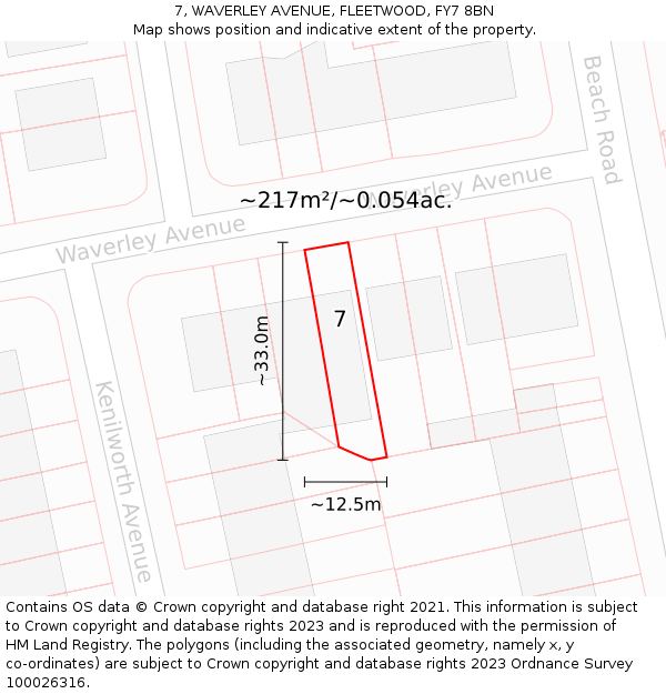 7, WAVERLEY AVENUE, FLEETWOOD, FY7 8BN: Plot and title map