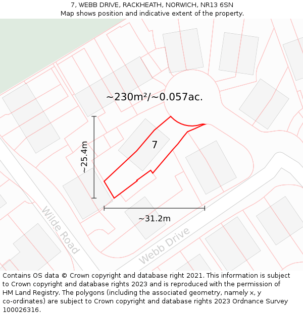 7, WEBB DRIVE, RACKHEATH, NORWICH, NR13 6SN: Plot and title map