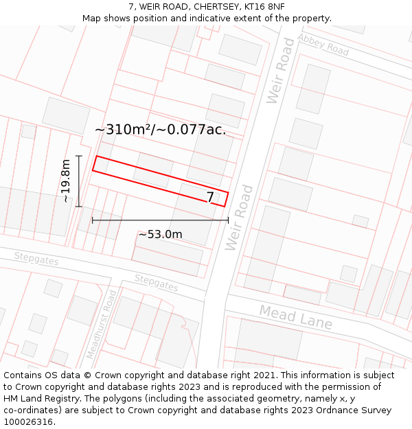 7, WEIR ROAD, CHERTSEY, KT16 8NF: Plot and title map