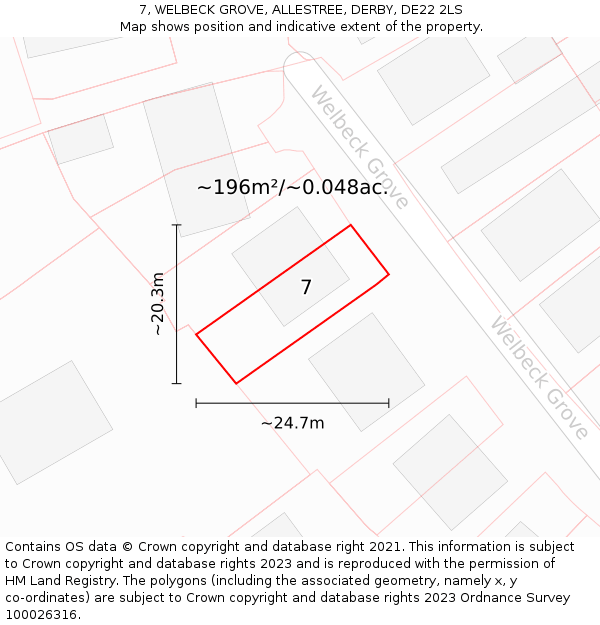 7, WELBECK GROVE, ALLESTREE, DERBY, DE22 2LS: Plot and title map