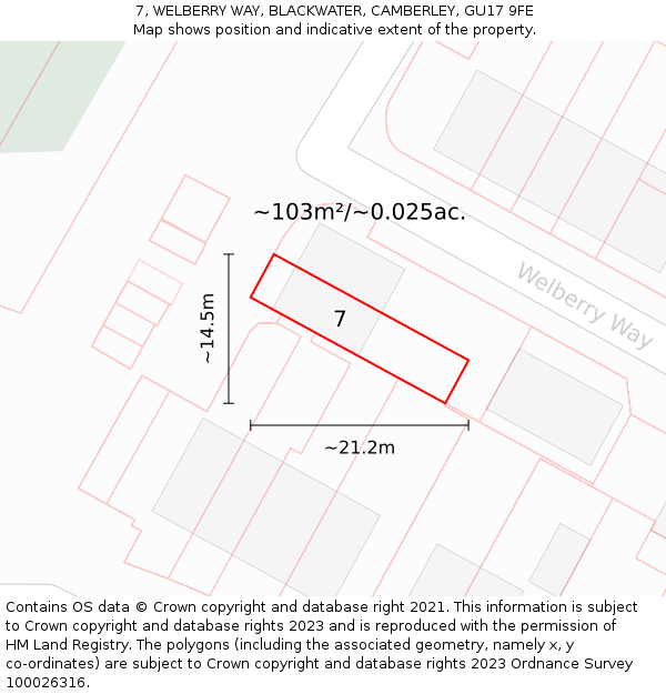 7, WELBERRY WAY, BLACKWATER, CAMBERLEY, GU17 9FE: Plot and title map