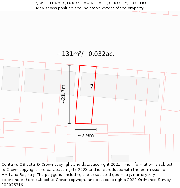 7, WELCH WALK, BUCKSHAW VILLAGE, CHORLEY, PR7 7HQ: Plot and title map