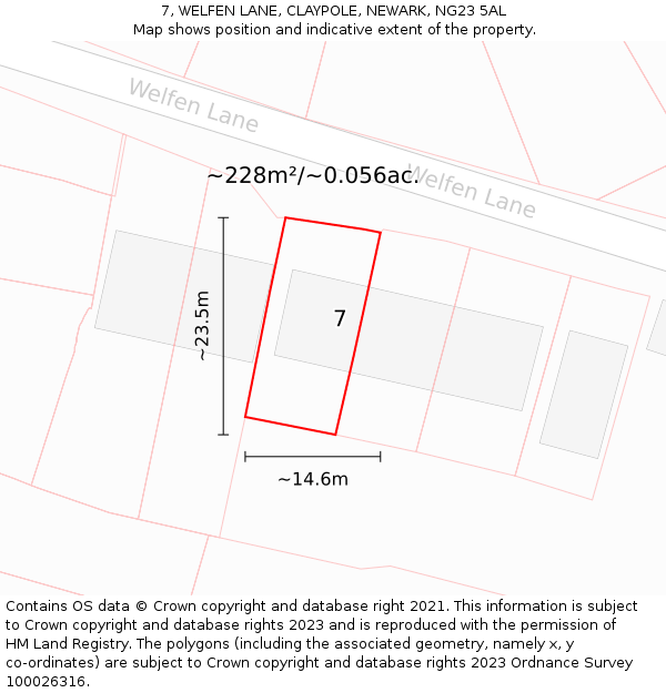 7, WELFEN LANE, CLAYPOLE, NEWARK, NG23 5AL: Plot and title map