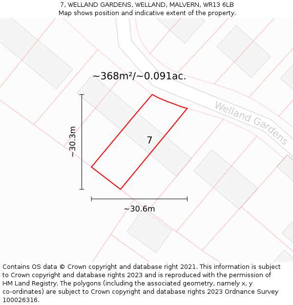 7, WELLAND GARDENS, WELLAND, MALVERN, WR13 6LB: Plot and title map