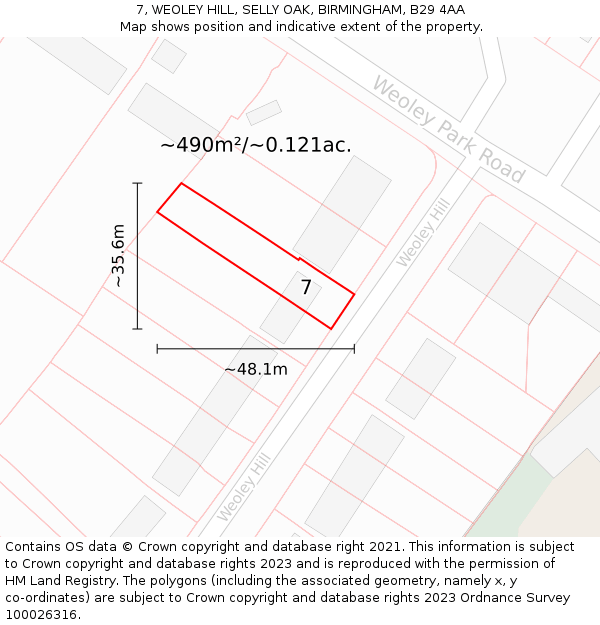 7, WEOLEY HILL, SELLY OAK, BIRMINGHAM, B29 4AA: Plot and title map