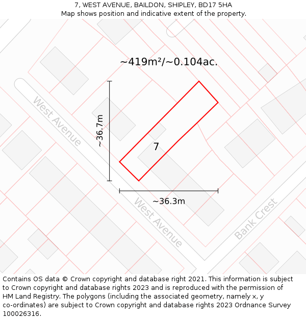 7, WEST AVENUE, BAILDON, SHIPLEY, BD17 5HA: Plot and title map