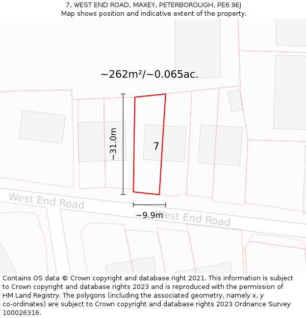 7, WEST END ROAD, MAXEY, PETERBOROUGH, PE6 9EJ: Plot and title map