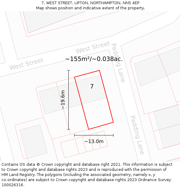 7, WEST STREET, UPTON, NORTHAMPTON, NN5 4EP: Plot and title map