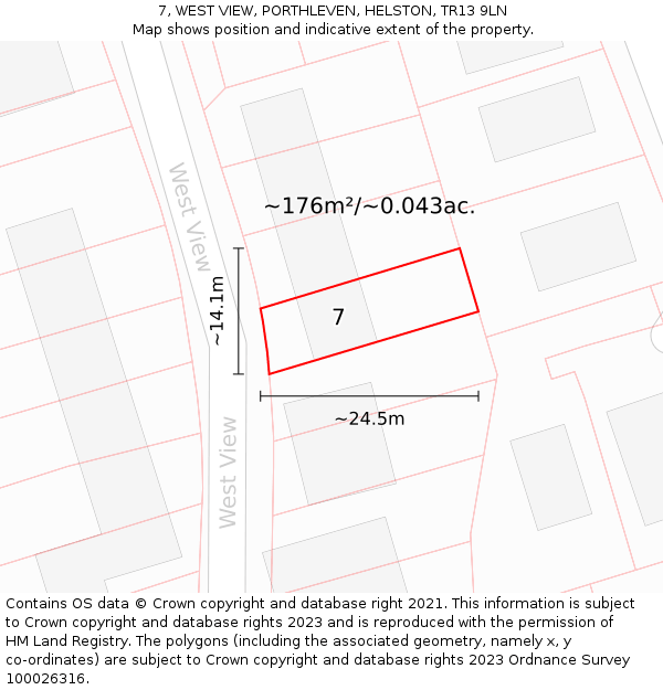 7, WEST VIEW, PORTHLEVEN, HELSTON, TR13 9LN: Plot and title map