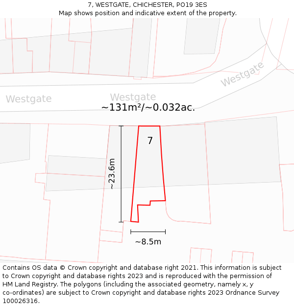 7, WESTGATE, CHICHESTER, PO19 3ES: Plot and title map