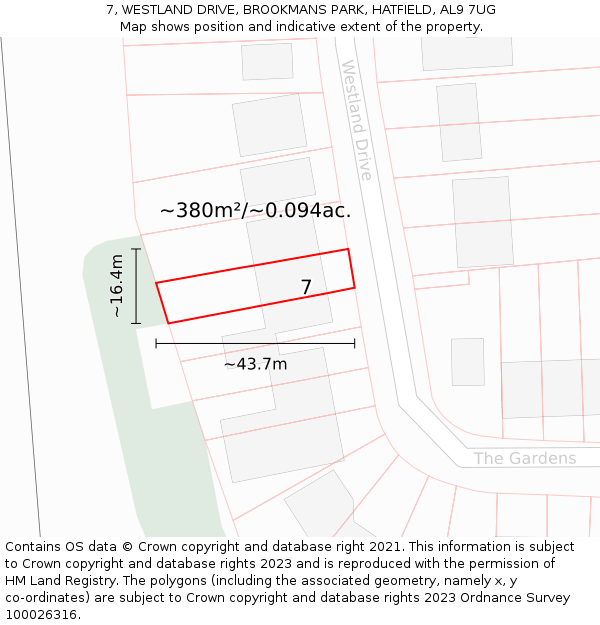 7, WESTLAND DRIVE, BROOKMANS PARK, HATFIELD, AL9 7UG: Plot and title map