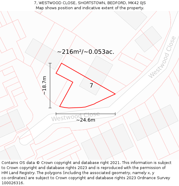 7, WESTWOOD CLOSE, SHORTSTOWN, BEDFORD, MK42 0JS: Plot and title map