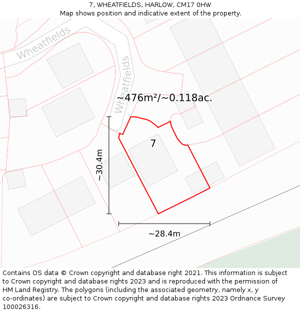 7, WHEATFIELDS, HARLOW, CM17 0HW: Plot and title map