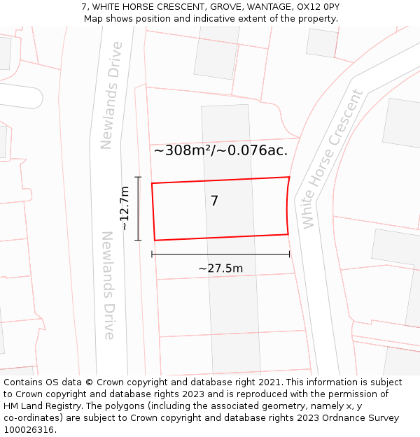 7, WHITE HORSE CRESCENT, GROVE, WANTAGE, OX12 0PY: Plot and title map