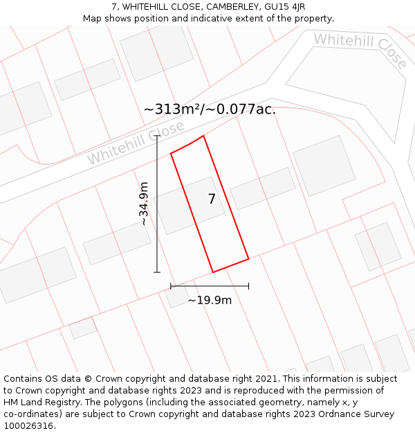 7, WHITEHILL CLOSE, CAMBERLEY, GU15 4JR: Plot and title map