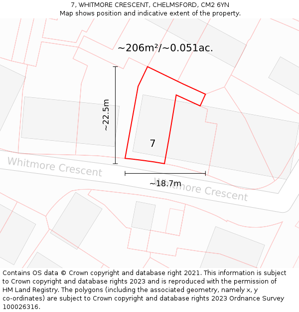 7, WHITMORE CRESCENT, CHELMSFORD, CM2 6YN: Plot and title map