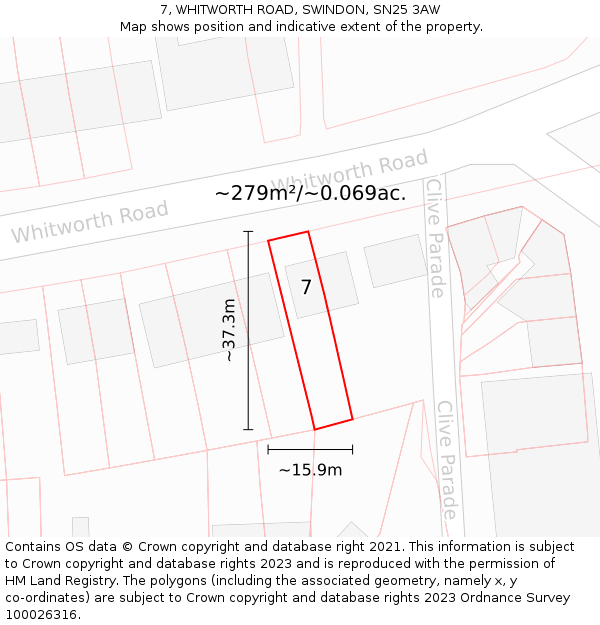 7, WHITWORTH ROAD, SWINDON, SN25 3AW: Plot and title map