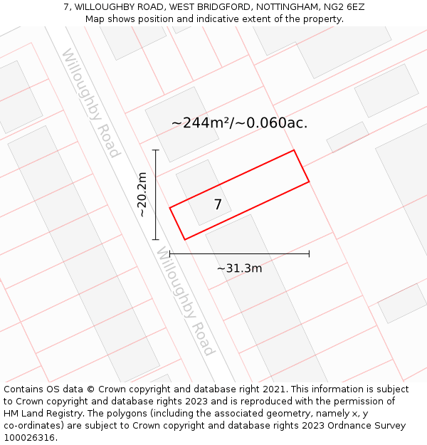 7, WILLOUGHBY ROAD, WEST BRIDGFORD, NOTTINGHAM, NG2 6EZ: Plot and title map