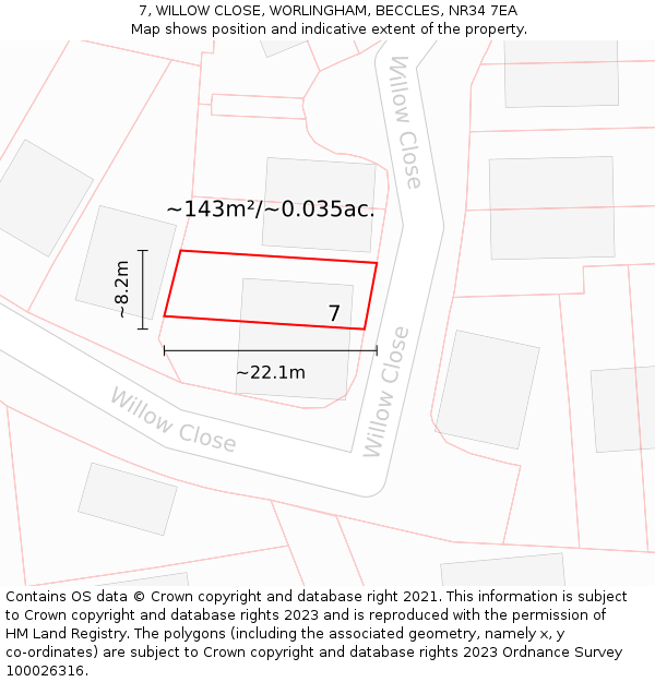 7, WILLOW CLOSE, WORLINGHAM, BECCLES, NR34 7EA: Plot and title map