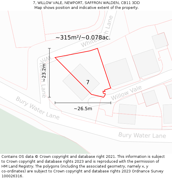7, WILLOW VALE, NEWPORT, SAFFRON WALDEN, CB11 3DD: Plot and title map