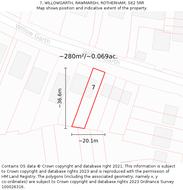 7, WILLOWGARTH, RAWMARSH, ROTHERHAM, S62 5RR: Plot and title map
