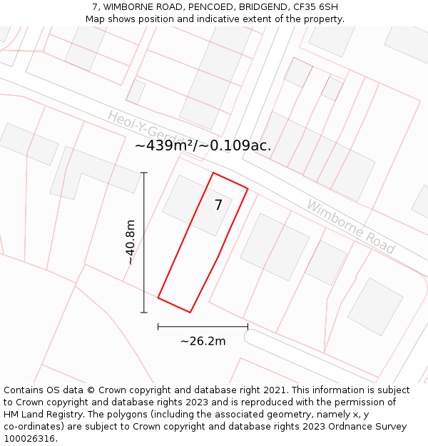 7, WIMBORNE ROAD, PENCOED, BRIDGEND, CF35 6SH: Plot and title map