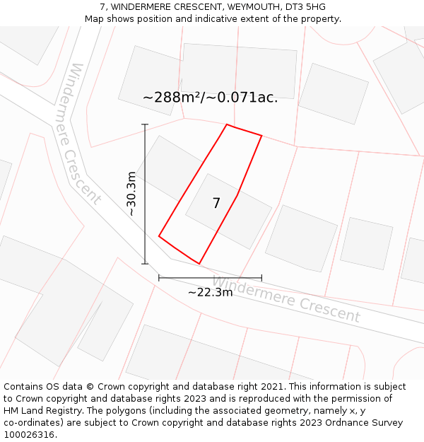 7, WINDERMERE CRESCENT, WEYMOUTH, DT3 5HG: Plot and title map