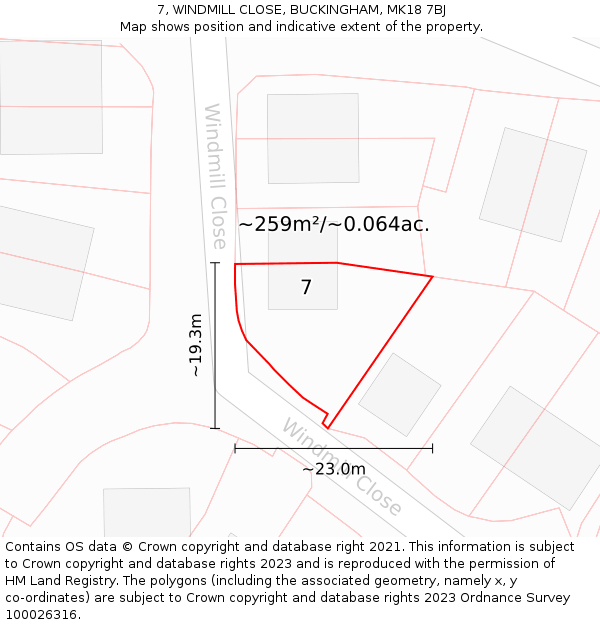 7, WINDMILL CLOSE, BUCKINGHAM, MK18 7BJ: Plot and title map