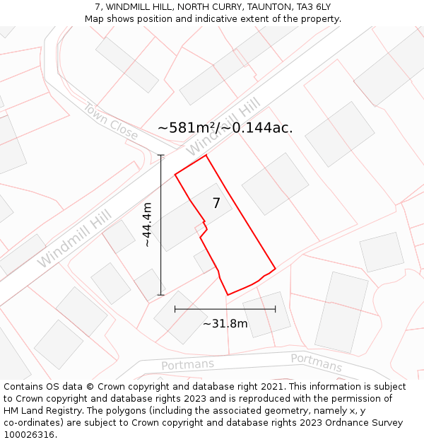 7, WINDMILL HILL, NORTH CURRY, TAUNTON, TA3 6LY: Plot and title map