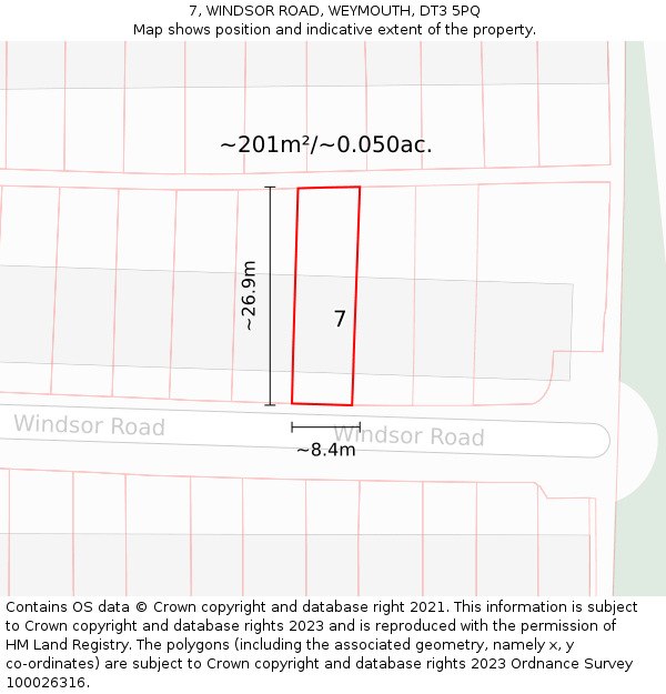 7, WINDSOR ROAD, WEYMOUTH, DT3 5PQ: Plot and title map