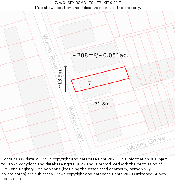 7, WOLSEY ROAD, ESHER, KT10 8NT: Plot and title map