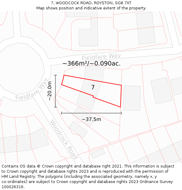 7, WOODCOCK ROAD, ROYSTON, SG8 7XT: Plot and title map