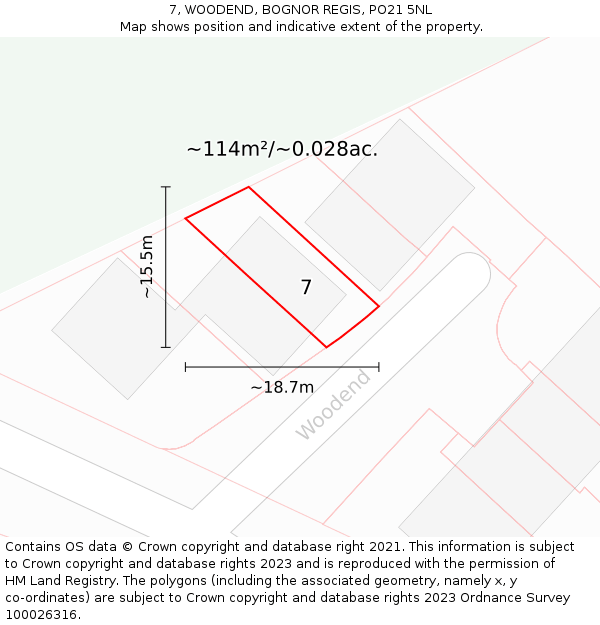 7, WOODEND, BOGNOR REGIS, PO21 5NL: Plot and title map