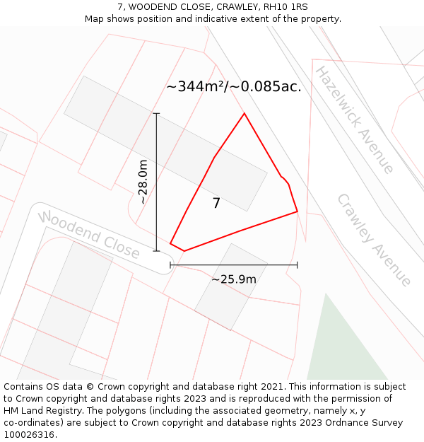 7, WOODEND CLOSE, CRAWLEY, RH10 1RS: Plot and title map