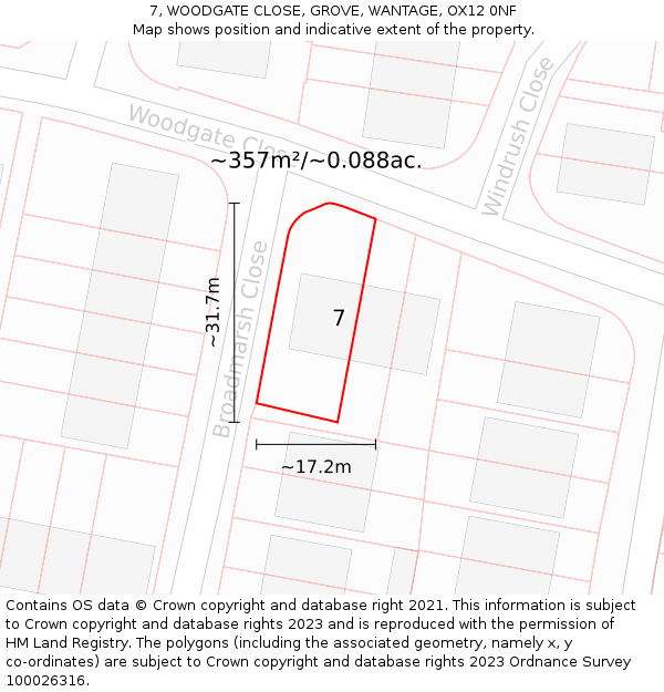 7, WOODGATE CLOSE, GROVE, WANTAGE, OX12 0NF: Plot and title map