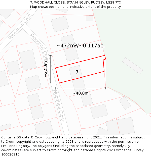 7, WOODHALL CLOSE, STANNINGLEY, PUDSEY, LS28 7TX: Plot and title map