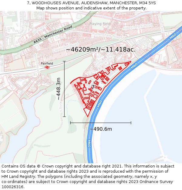 7, WOODHOUSES AVENUE, AUDENSHAW, MANCHESTER, M34 5YS: Plot and title map