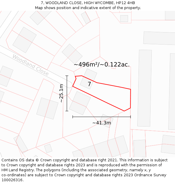 7, WOODLAND CLOSE, HIGH WYCOMBE, HP12 4HB: Plot and title map