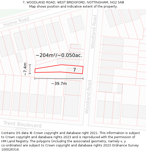 7, WOODLAND ROAD, WEST BRIDGFORD, NOTTINGHAM, NG2 5AB: Plot and title map